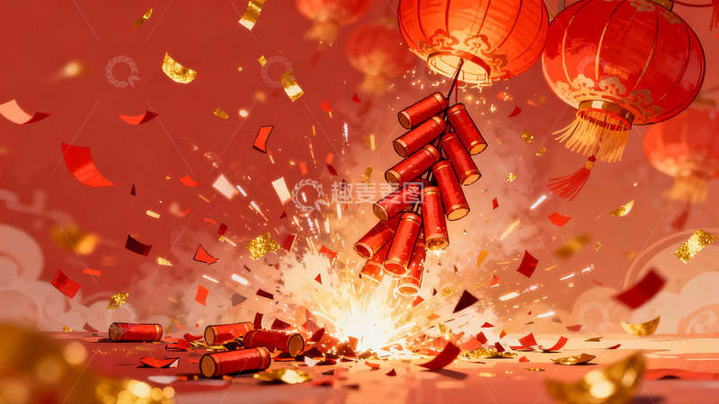 高清大图下载【趣麦麦图】春节爆竹灯笼喜庆场景