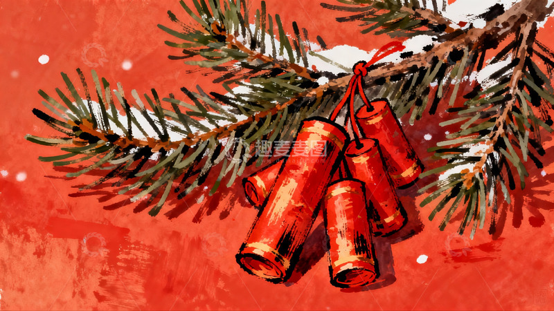 高清大图下载【趣麦麦图】红色背景松枝挂红鞭炮