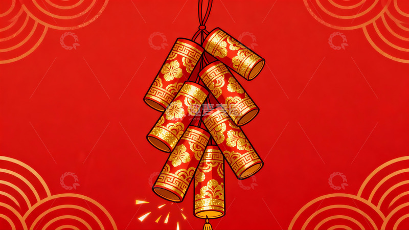 高清大图下载【趣麦麦图】红色背景上的金色鞭炮图案