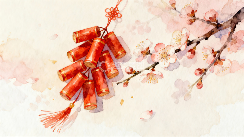 高清大图下载【趣麦麦图】水彩画中的鞭炮与梅花
