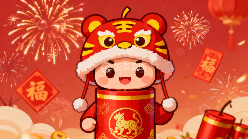 高清大图下载【趣麦麦图】卡通老虎新年庆祝场景