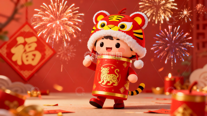 高清大图下载【趣麦麦图】卡通老虎人偶庆祝新年烟花绽放
