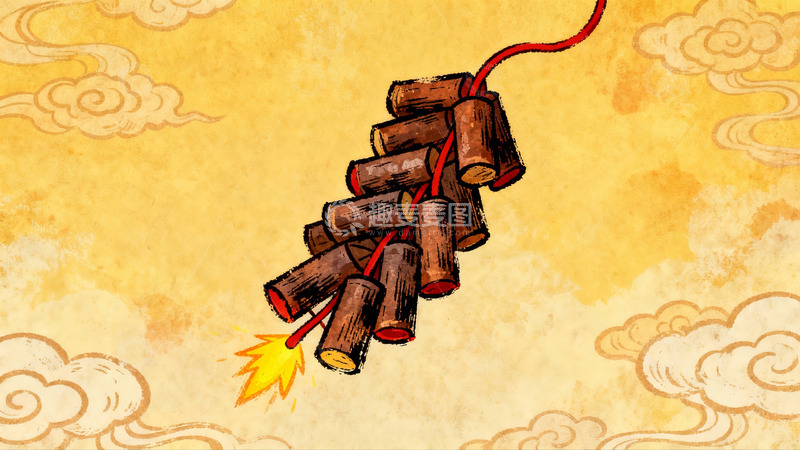 高清大图下载【趣麦麦图】传统爆竹燃放场景插画