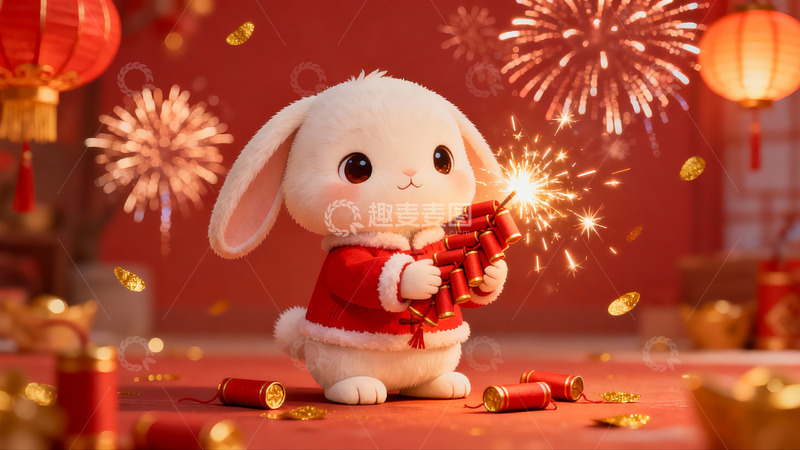 高清大图下载【趣麦麦图】卡通兔子手持烟花庆祝节日