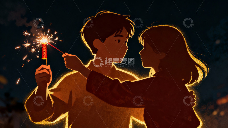 高清大图下载【趣麦麦图】情侣手持烟花浪漫相拥