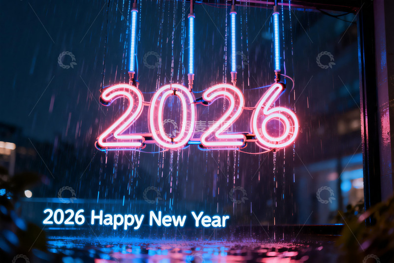 高清大图下载【趣麦麦图】2026新年霓虹灯雨夜景象