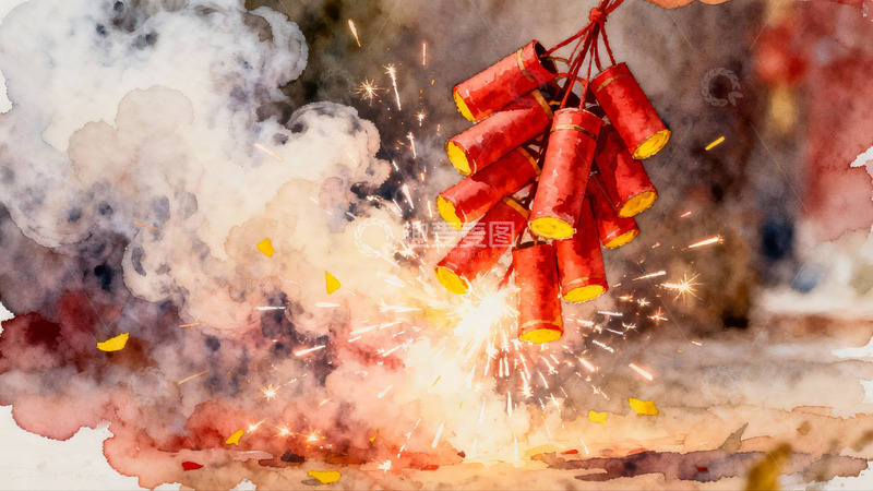 高清大图下载【趣麦麦图】红色鞭炮燃放烟花四溅