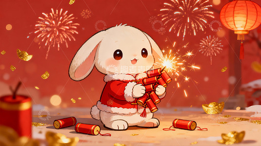 卡通兔子燃放鞭炮迎新年