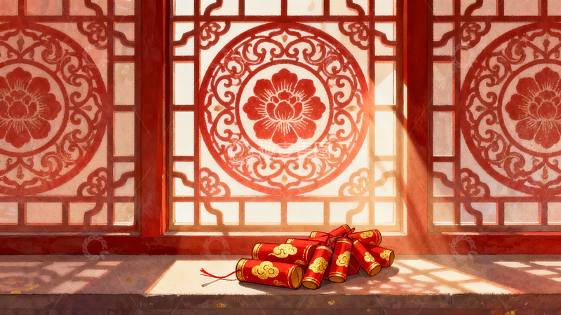 高清大图下载【趣麦麦图】窗前红爆竹光影交错