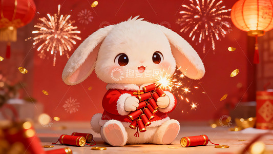 卡通兔子手持烟花庆祝节日