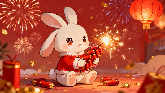 卡通兔子燃放鞭炮庆祝新年