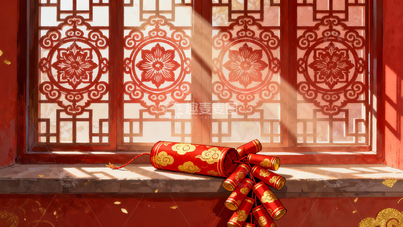 高清大图下载【趣麦麦图】红窗前的爆竹 春节氛围浓厚