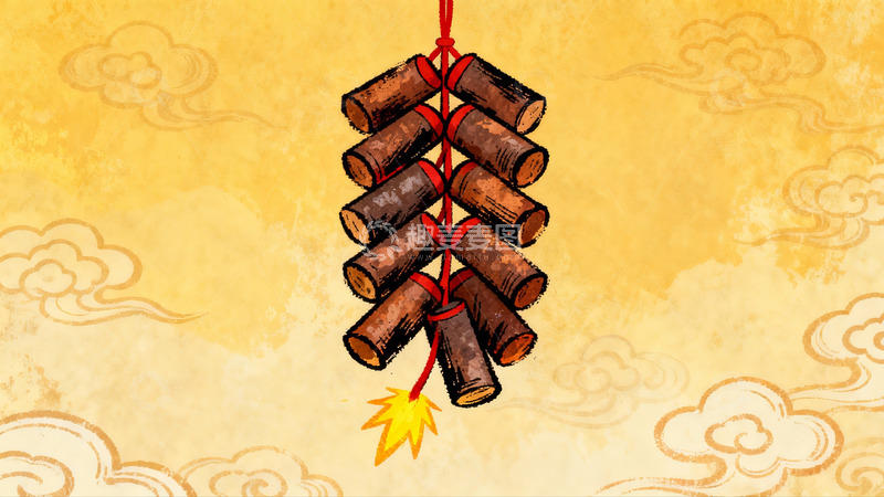 高清大图下载【趣麦麦图】传统鞭炮燃放场景插画