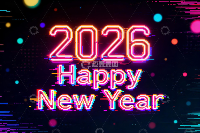 高清大图下载【趣麦麦图】2026新年快乐霓虹灯效果