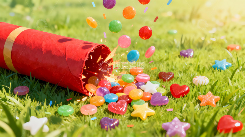 高清大图下载【趣麦麦图】草地上的彩色糖果礼炮