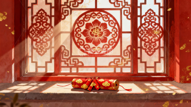 高清大图下载【趣麦麦图】中式窗格与红色鞭炮