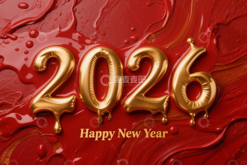 高清大图下载【趣麦麦图】2026新年金色气球贺图