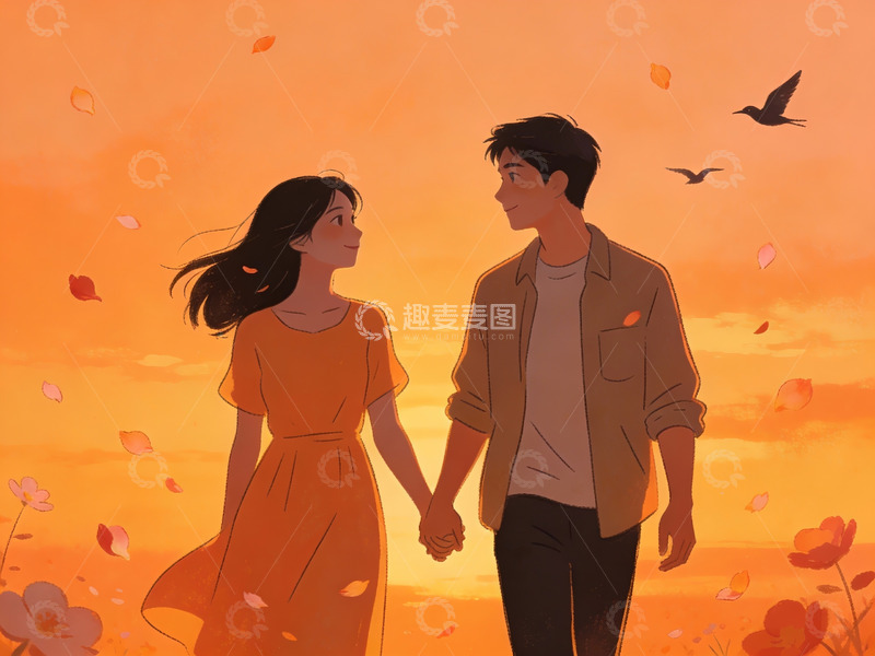 高清大图下载【趣麦麦图】情侣牵手秋日黄昏