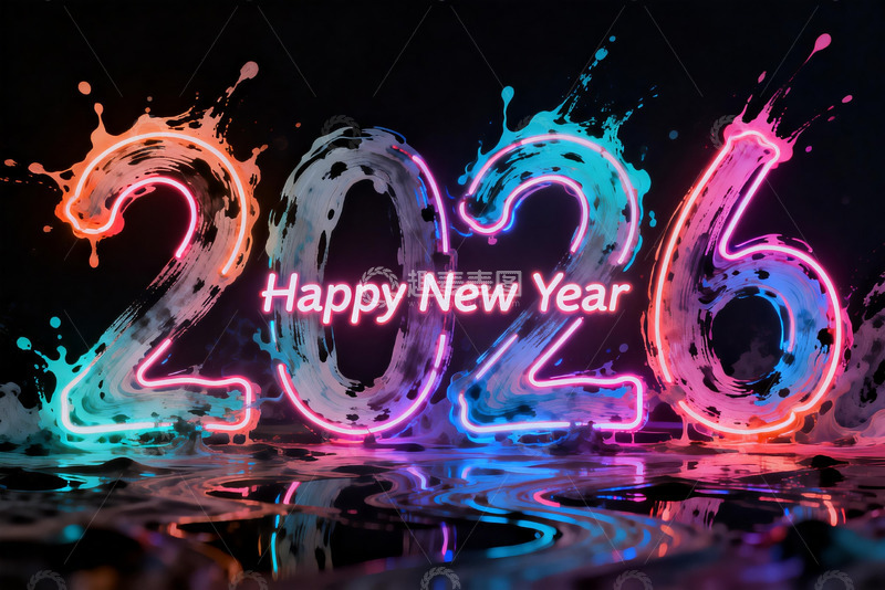 高清大图下载【趣麦麦图】2026新年霓虹数字艺术