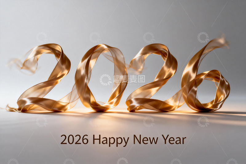 高清大图下载【趣麦麦图】2026新年金色丝带装饰