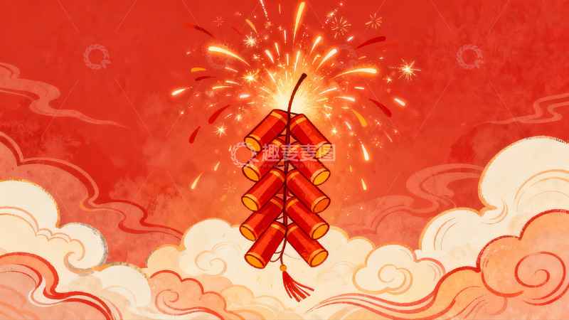 高清大图下载【趣麦麦图】红色背景烟花爆竹图