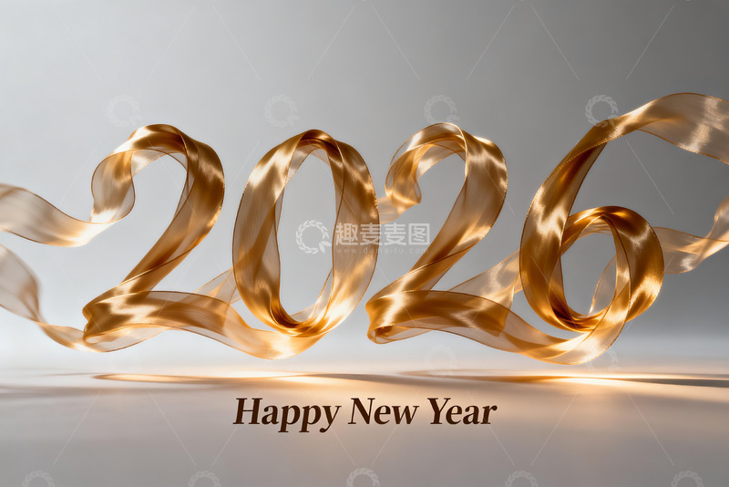 高清大图下载【趣麦麦图】2026新年金色丝带艺术