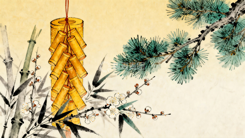 高清大图下载【趣麦麦图】传统水墨画爆竹与松竹梅