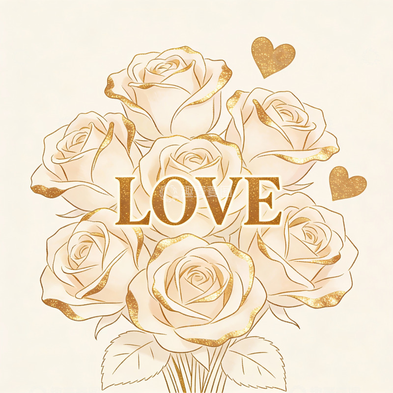 高清大图下载【趣麦麦图】金色玫瑰与爱字插画