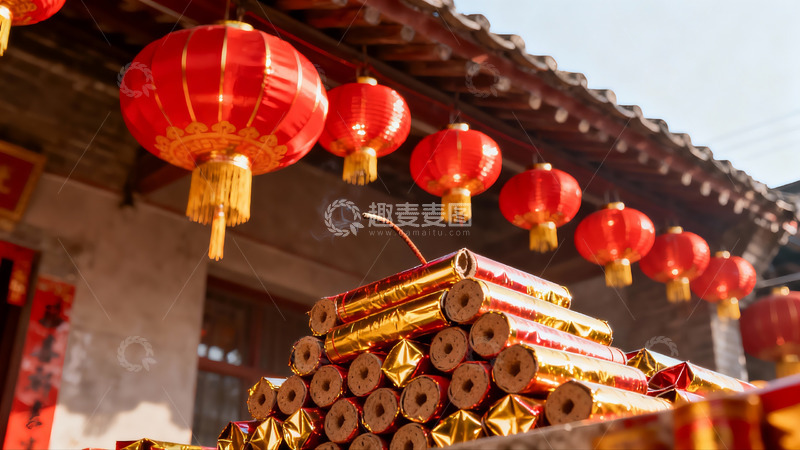 高清大图下载【趣麦麦图】红灯笼与鞭炮迎新春