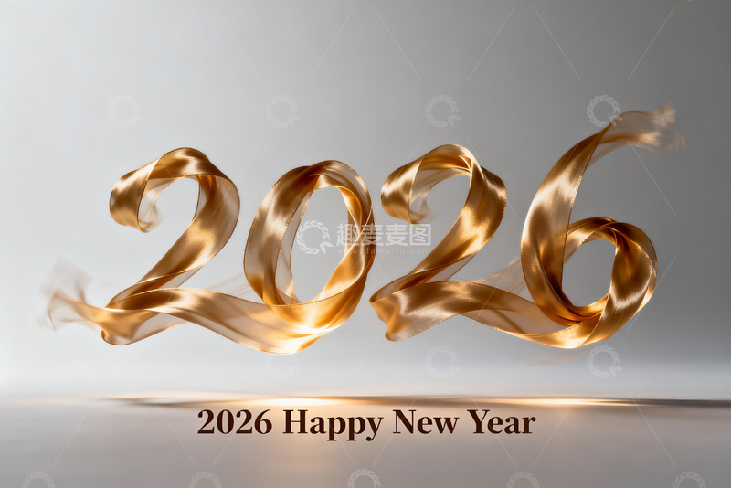 高清大图下载【趣麦麦图】2026新年金色丝带艺术
