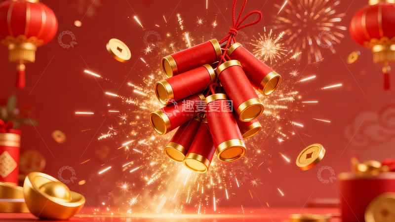 高清大图下载【趣麦麦图】春节鞭炮烟花庆祝场景