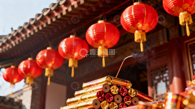 高清大图下载【趣麦麦图】古建筑前红灯笼与鞭炮