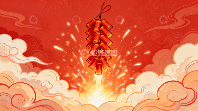 高清大图下载【趣麦麦图】红色背景烟花绽放