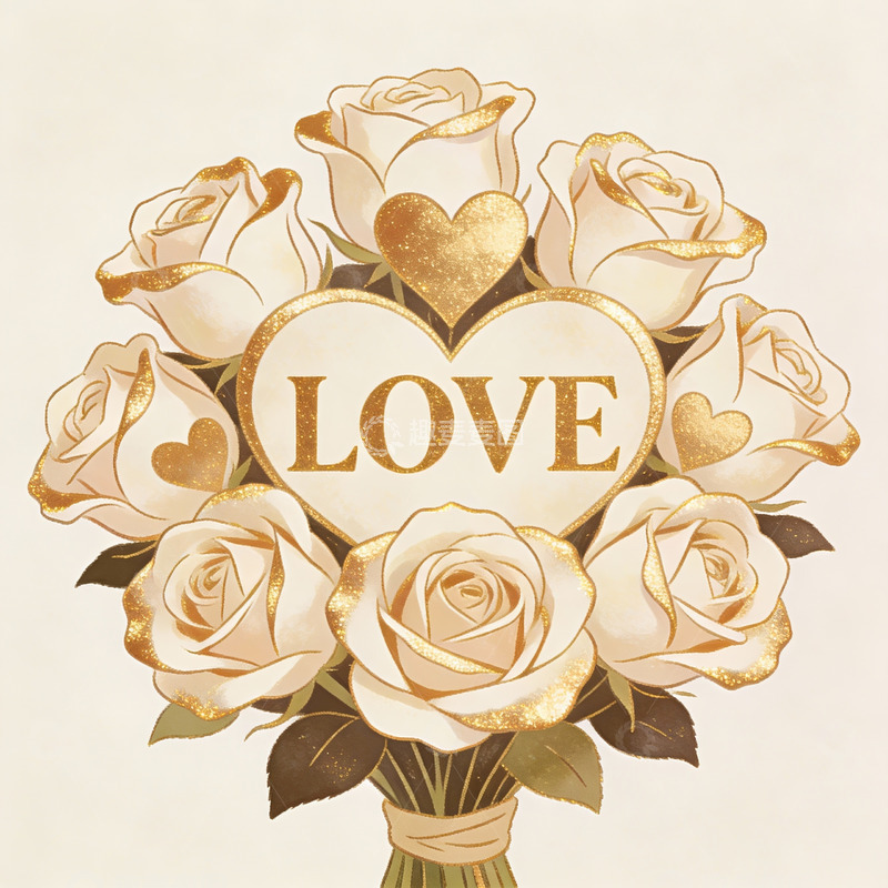 高清大图下载【趣麦麦图】金色玫瑰花束与爱字心形