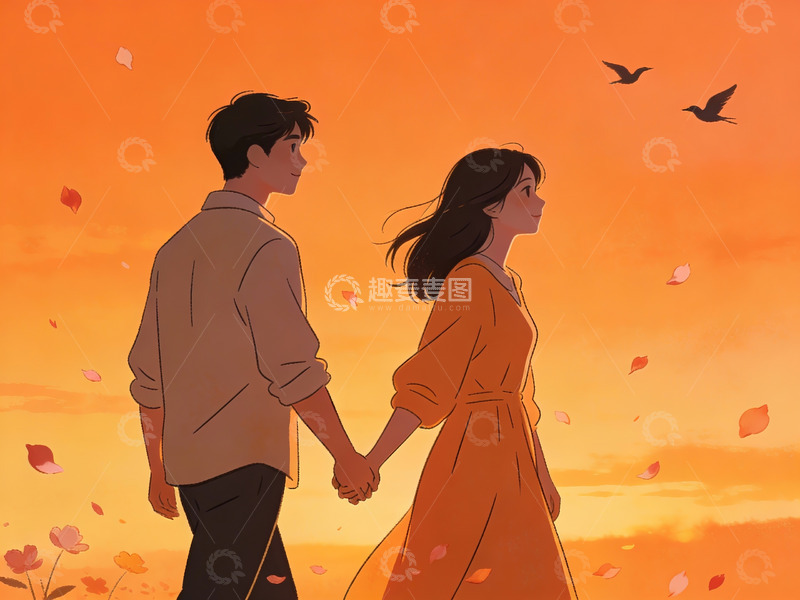 高清大图下载【趣麦麦图】情侣牵手漫步夕阳下