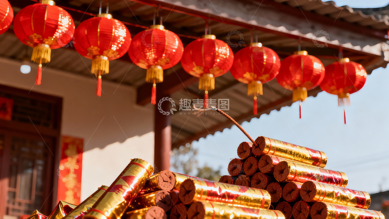 高清大图下载【趣麦麦图】红灯笼与鞭炮迎新春
