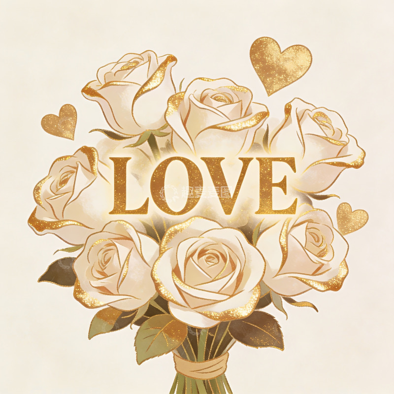 高清大图下载【趣麦麦图】金色玫瑰花束与爱字图案