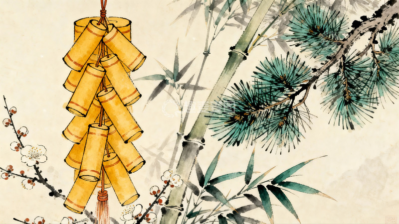 高清大图下载【趣麦麦图】传统水墨画中的爆竹与松竹