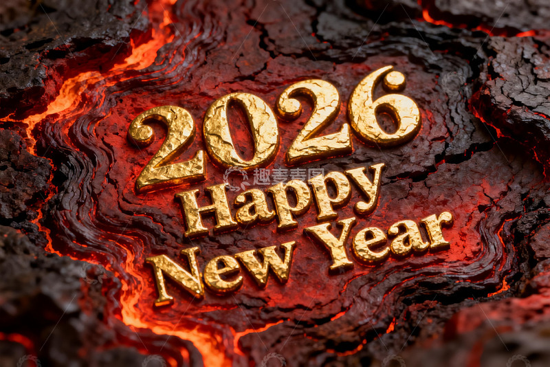 高清大图下载【趣麦麦图】2026新年金色文字熔岩背景