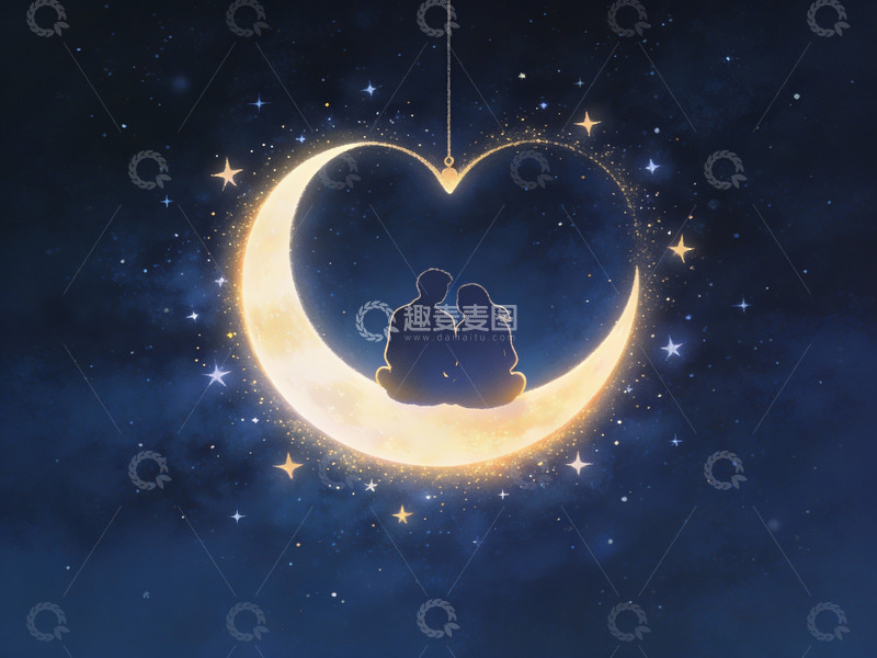 高清大图下载【趣麦麦图】情侣月下共赏星空