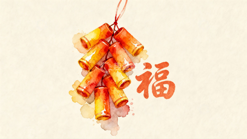 高清大图下载【趣麦麦图】水彩画鞭炮挂饰寓意新年福气