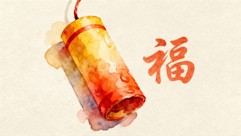 高清大图下载【趣麦麦图】水彩画鞭炮与福字寓意吉祥