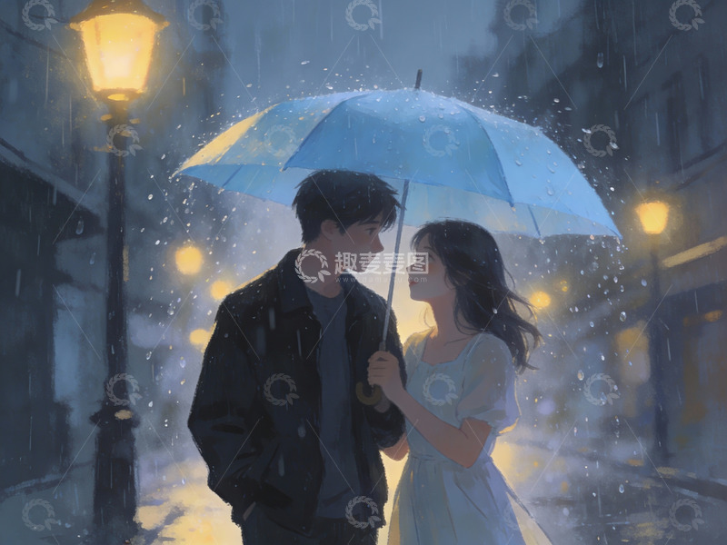 高清大图下载【趣麦麦图】雨夜伞下情侣对望