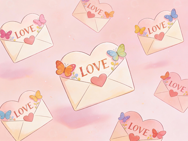 高清大图下载【趣麦麦图】爱心信封飘浮在粉色背景中