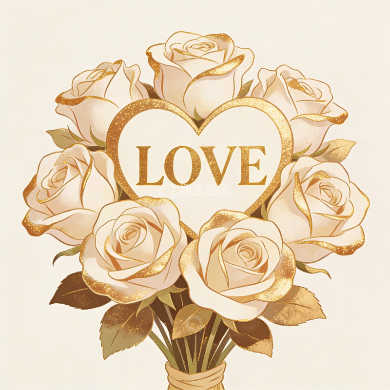 高清大图下载【趣麦麦图】金色玫瑰花束与爱心