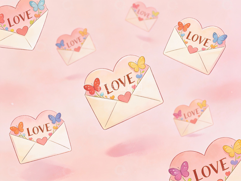 高清大图下载【趣麦麦图】爱心信封飘浮粉色背景