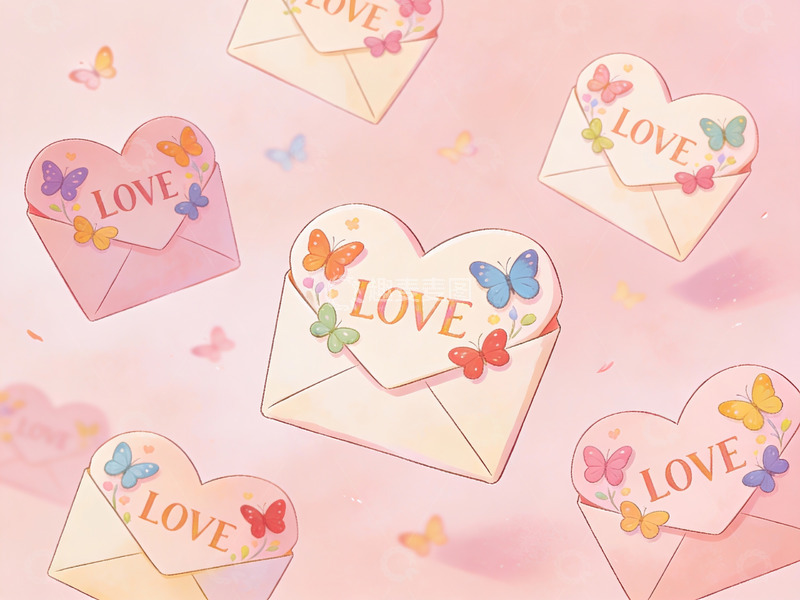 高清大图下载【趣麦麦图】爱心信封与蝴蝶的浪漫场景