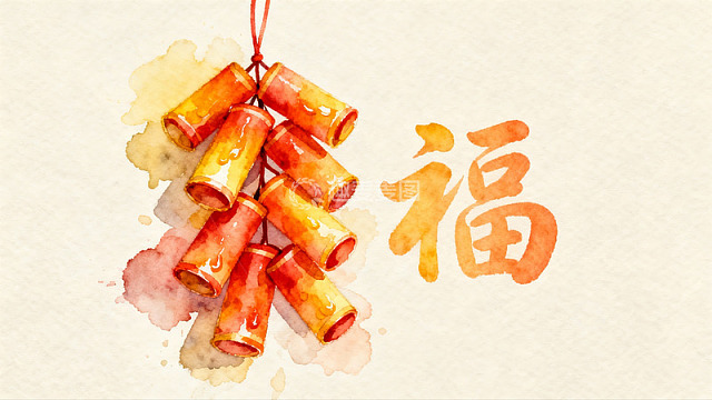 水彩画鞭炮福字寓意吉祥