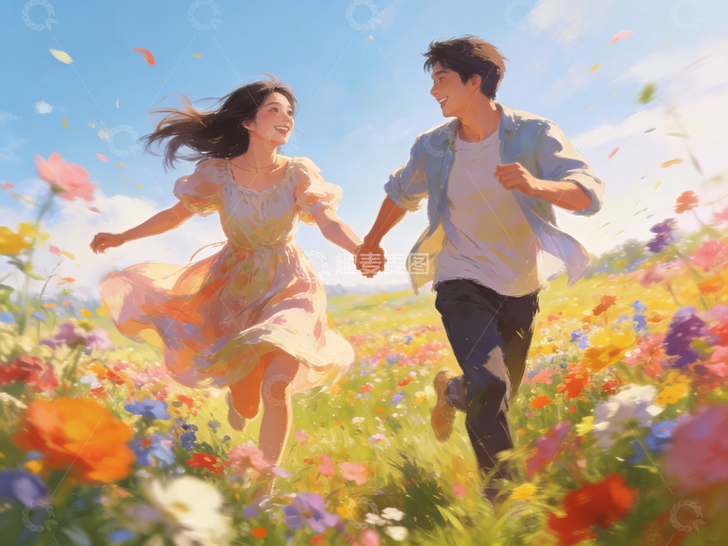 高清大图下载【趣麦麦图】情侣在花海中奔跑