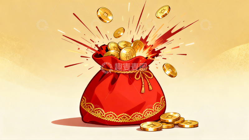 高清大图下载【趣麦麦图】红色钱袋金币飞溅寓意财富